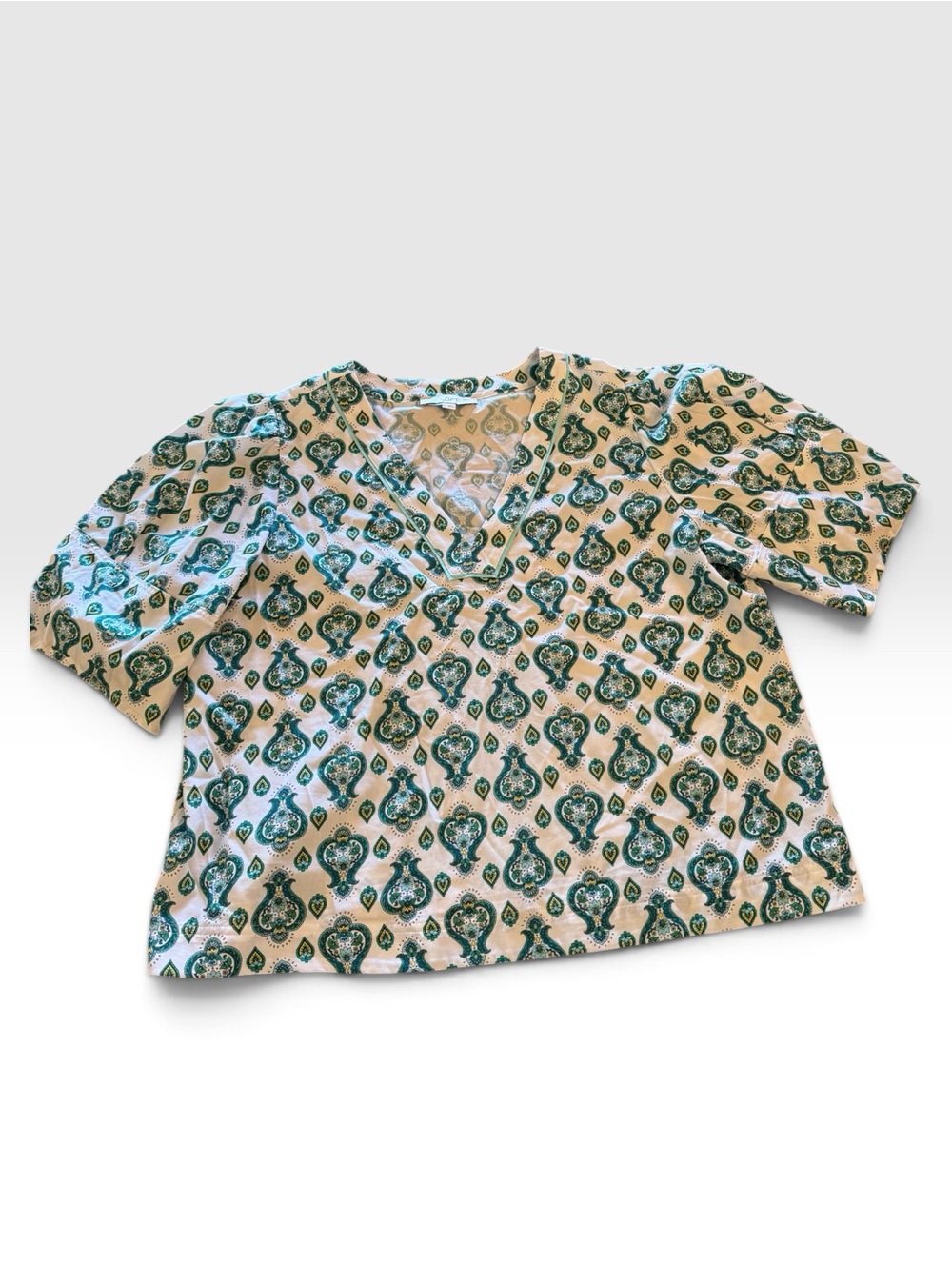 LOFT Teal and off white with yellow accents Paisley Print Blouse cotton blend - Picture 2 of 8